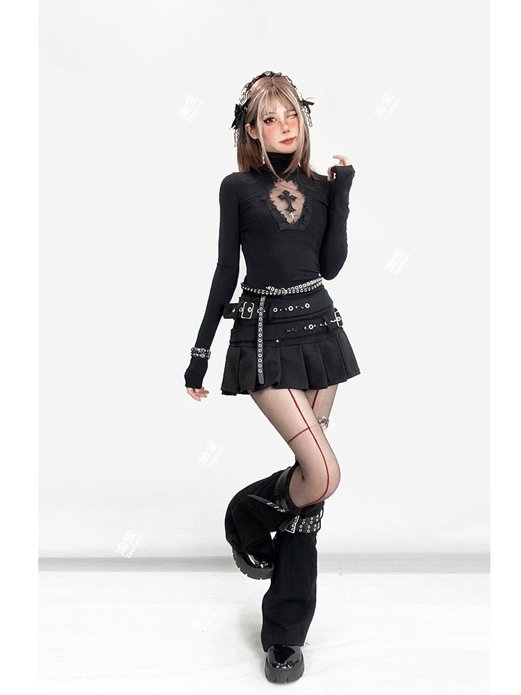Top Black Glamorous Gothic Neck Detail Cutout Cross High Y2K