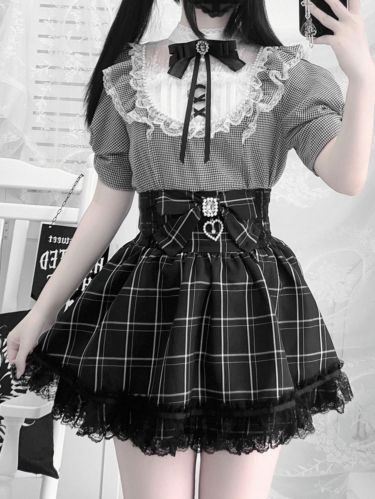 / Lace Trim with Bead Details White Plaid Blouse Jirai Kei Illusion Neckline Black