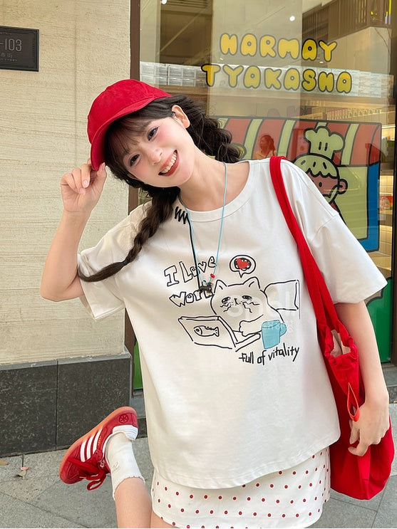 White Round Neck Kitty Print Loose T-Shirt