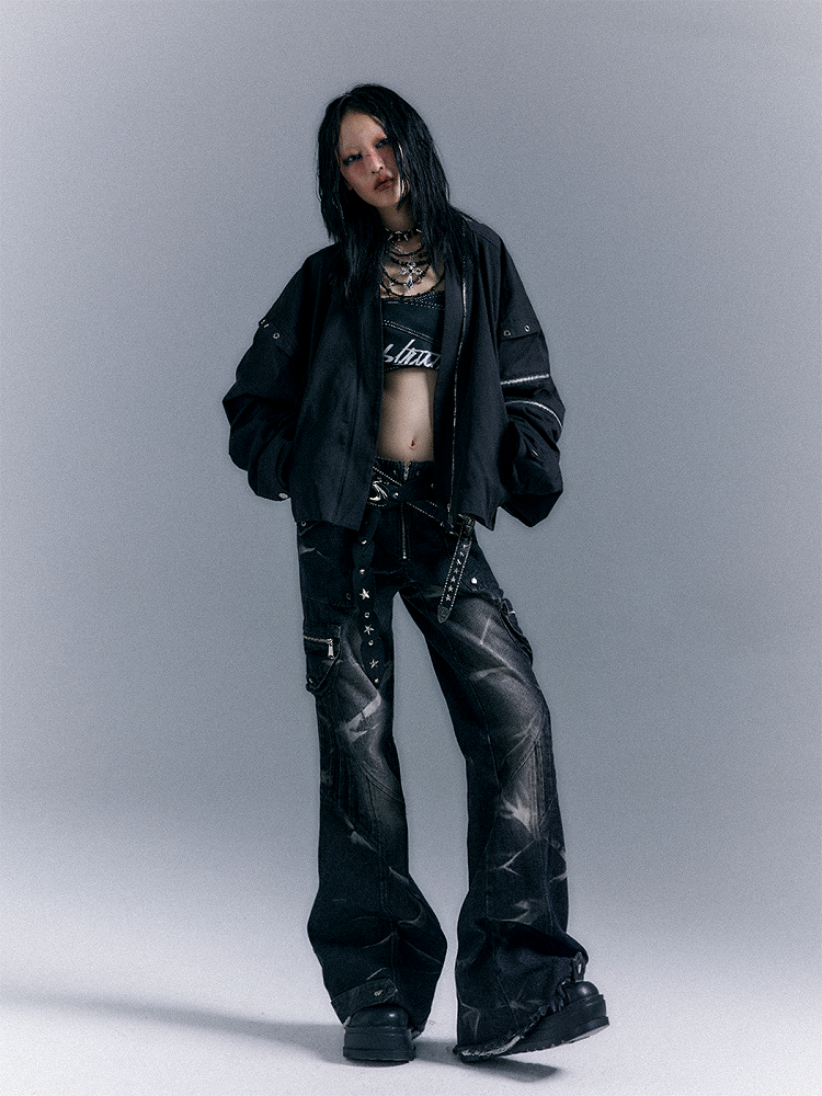 Washed Zippered Flare Black-Grey Studs Jeans Pockets Punk With