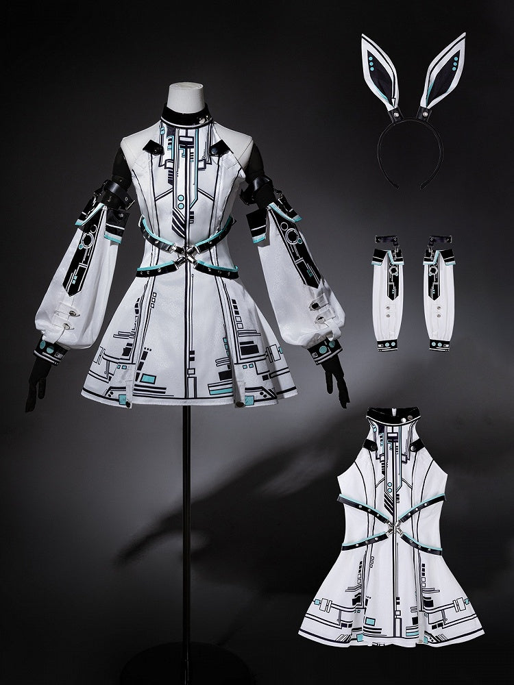 Bunny Sleeves KC Dress Techwear Halter Neck Urban Cyberpunk White + Ears