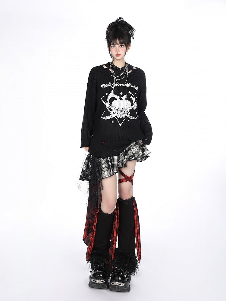 Asymmetrical Red White Plaid Tiered Skirt with Cascading Lace Ruffle Trim