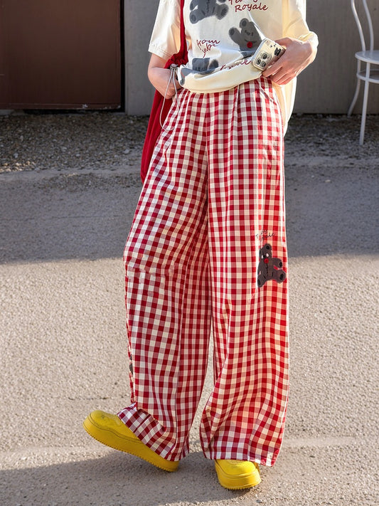 Weite Hose, Version kurz/lang, rot-weiß kariert, Bären-Print