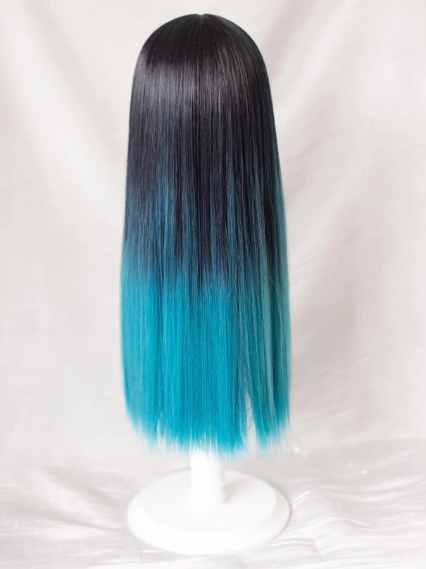 Green With Bangs And Air Black Wig Length Ombre 68CM Straight