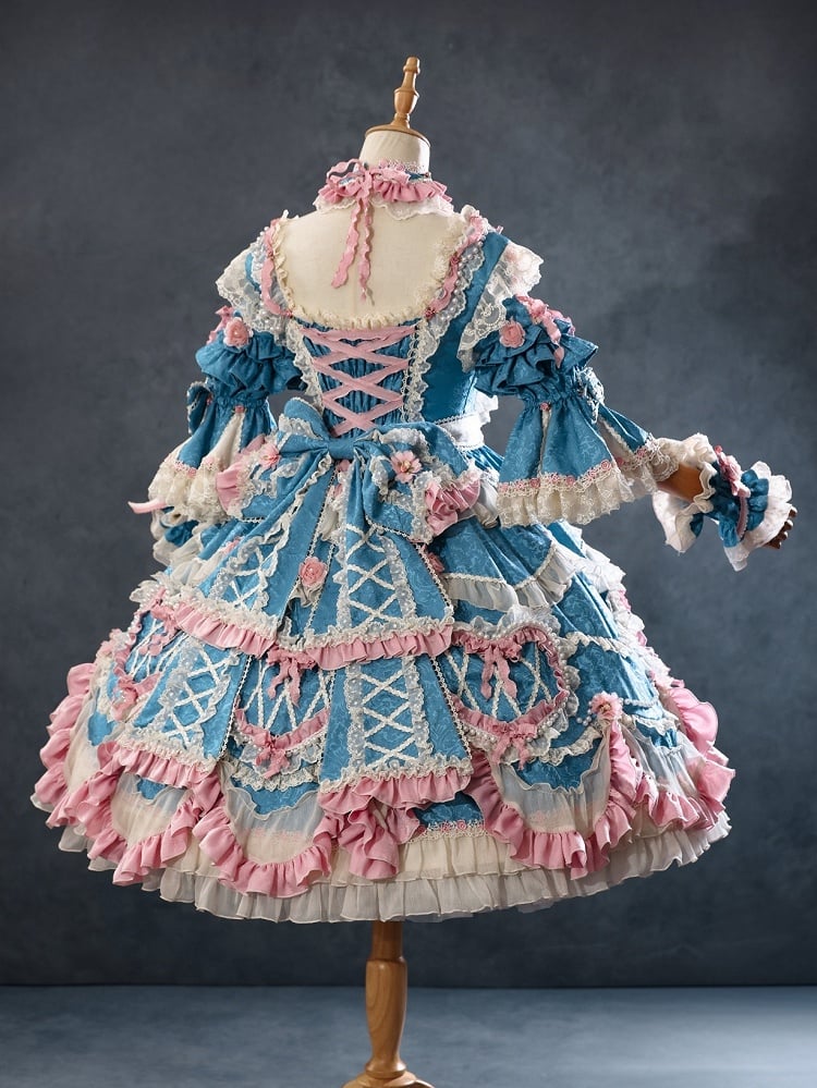 Blue Hanayome Rosette Embroidery Floral and Bead Chain Details Lolita OP Full Set