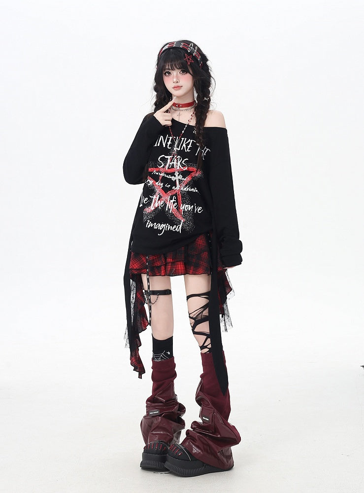 Top Schwarz Asymmetrischer Ausschnitt Star Graffiti Print Lose