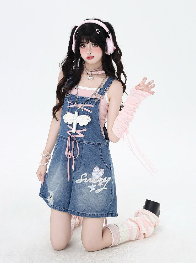 Blue Denim Overall Shorts Bunny Ears Design Back Adorable Lace-up