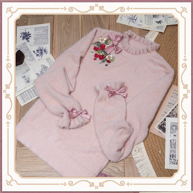 Dusty Autumn Embroidery Strawberry Bowknot Knit on Neckline Top Cuffs Pink