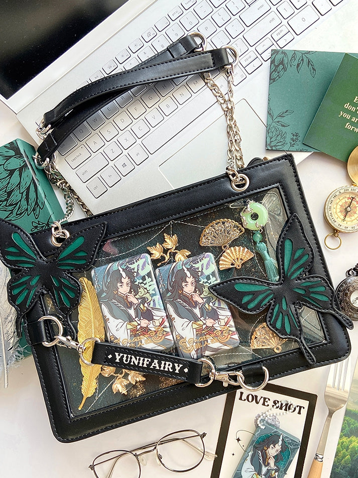 Green Butterfly Spiderweb Detail Small Version Black Ita Shoulder Bag