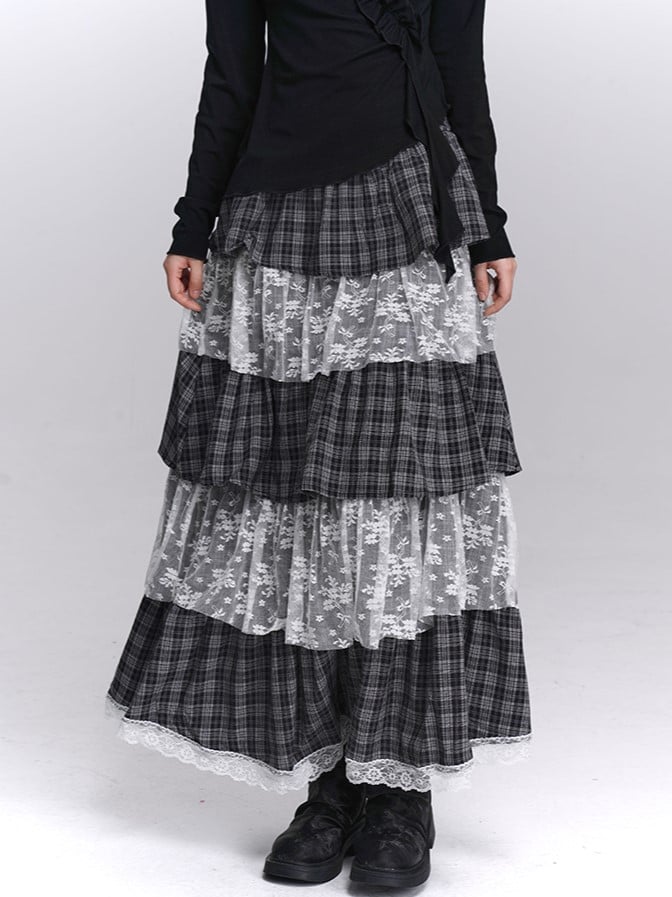 Tiered Skirt Black Layers White Maxi with Low-waist Plaid Lace