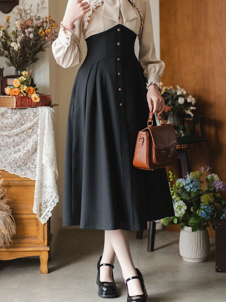 ブラックのエレガントなヴィンテージボーン入りハイウエストミディ丈ストライプ生地ロリータスカート