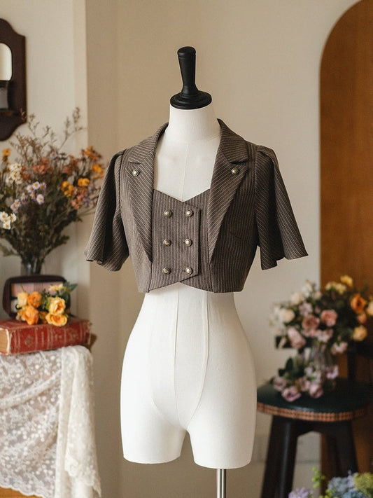 ブラウンのレトロファッションブレザーカラー、バタフライスリーブ、クロップドトップス