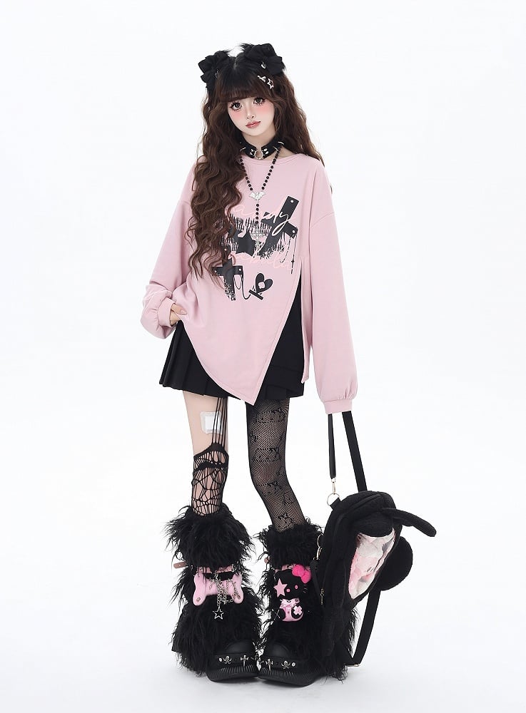 Pink/Black Cross Side-Slit Sweatshirt with Big Bow at Back