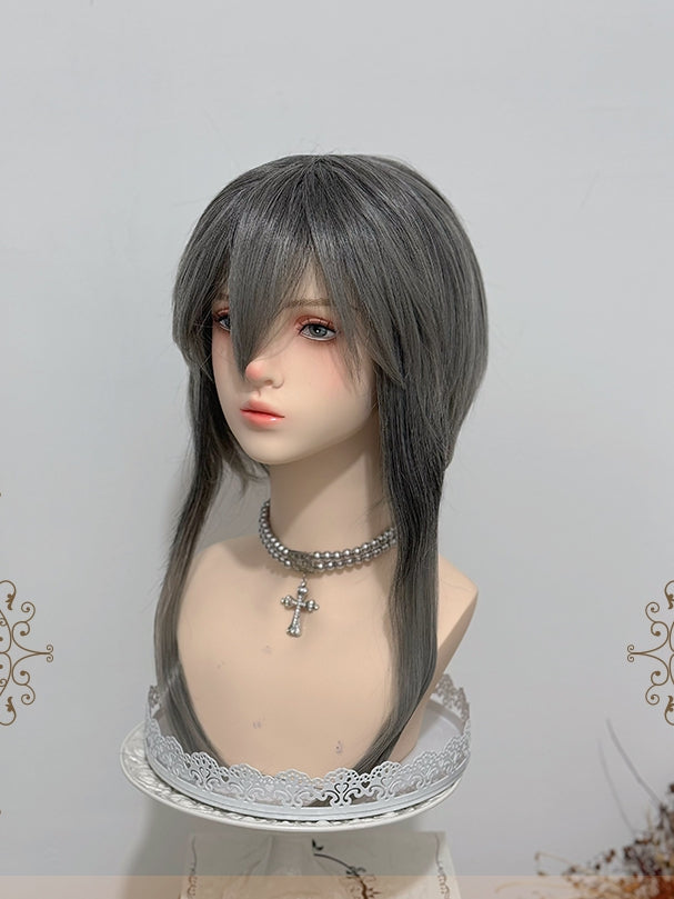 Clips Wig Gray Double Ponytail + 30CM Claw Bangs 38CM Straight Length With Ombre Hair Color