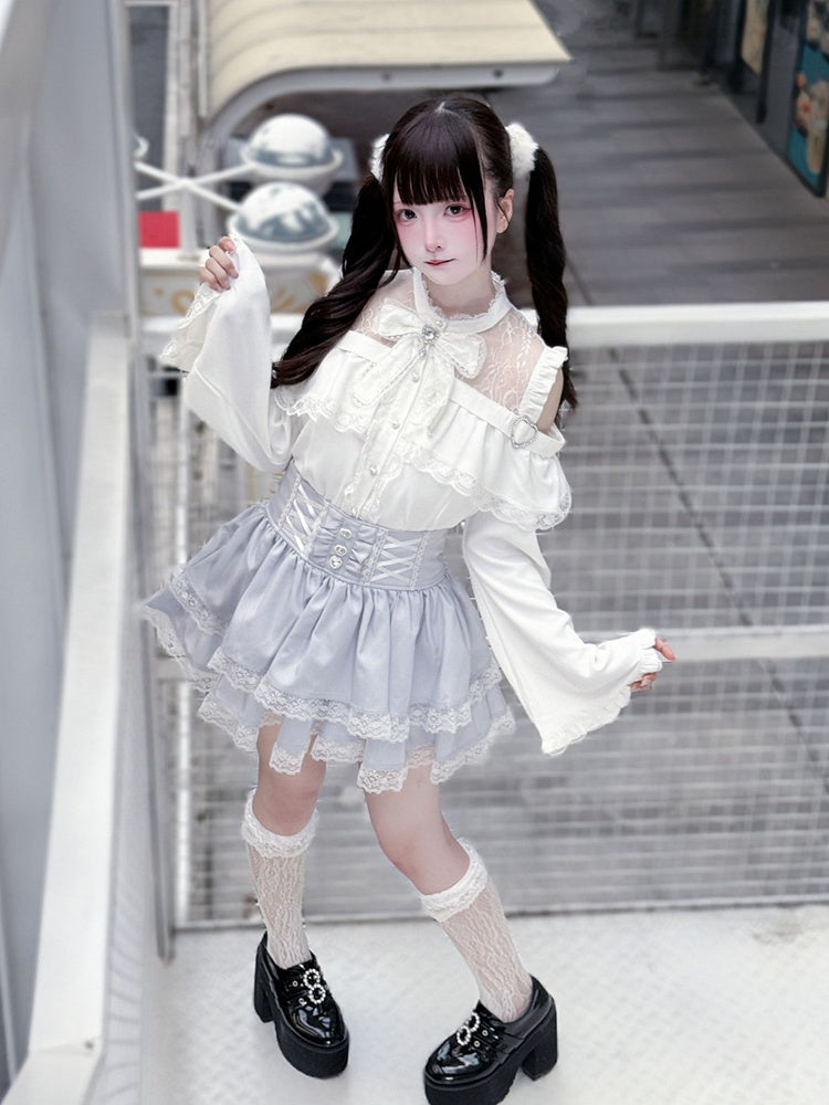 Bell Sleeves Open Shoulder with Blouse White Jirai Kei Three-Piece Set: