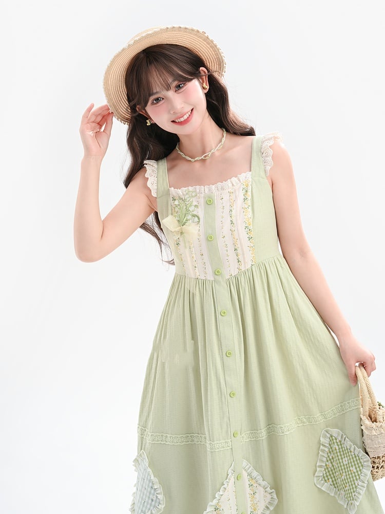 Mori Kei Green Floral Applique Sleeveless Dress