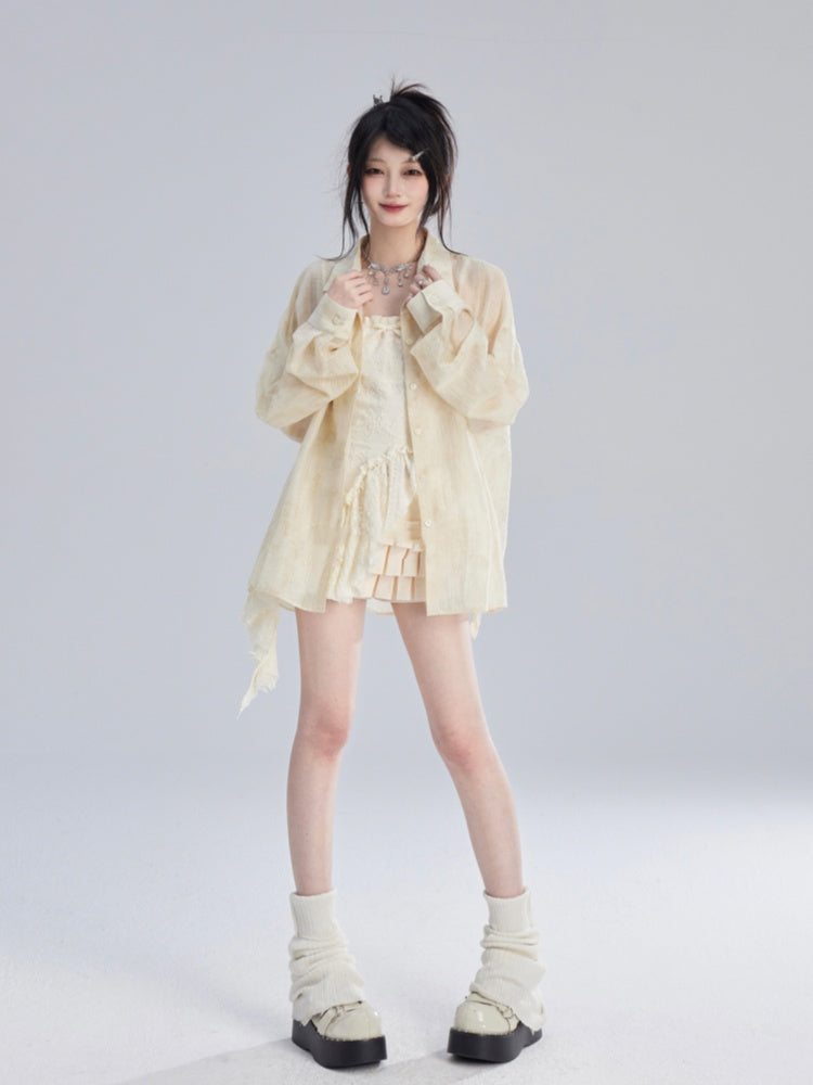 Apricot Semi-Sheer Sun Protection Shirt/Loose Shorts