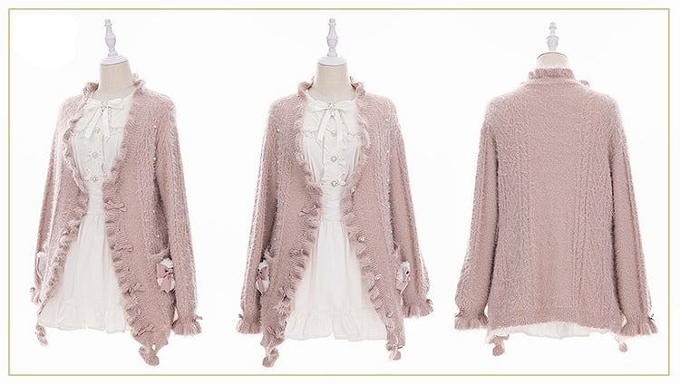 Jirai Kei – Weiche Strickjacke im Landminenstil mit staubigem Rosa und Schleifenakzenten