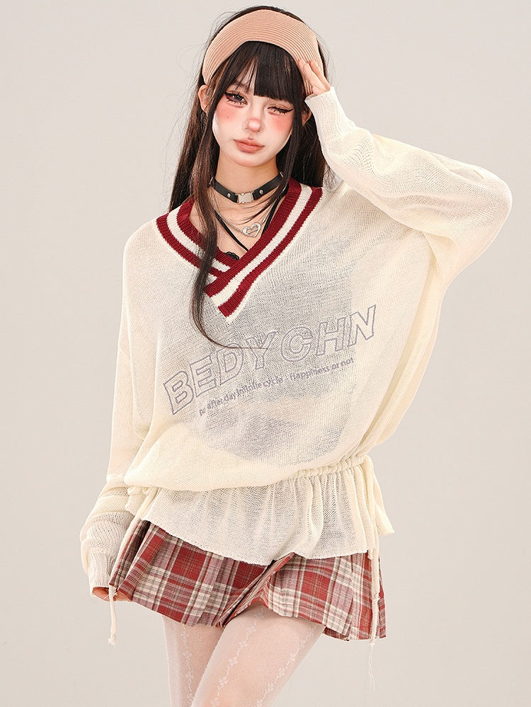 Apricot V-neck Ruched Waist Semi-sheer Loose Knit Top