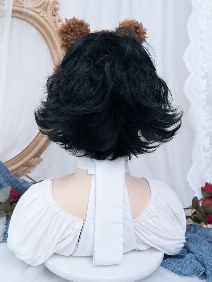 Schwarz-blaue, lockige Ouji-Kurzperücke