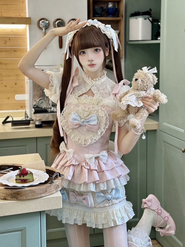 Skirt Lolita + Accents Puff Pink Full Sleeves and Set Cami Sweet - Top Cropped Bow Blue