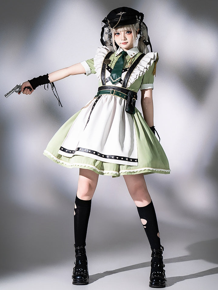 Flutter Military and Set Short Apron Green Dress Full Maid Light Lolita Sleeves