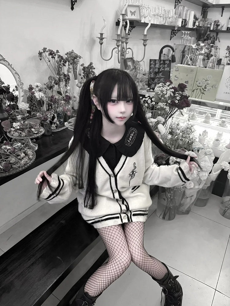 with Eye and Snake Embroidery Distressed Holes Knit Cardigan White