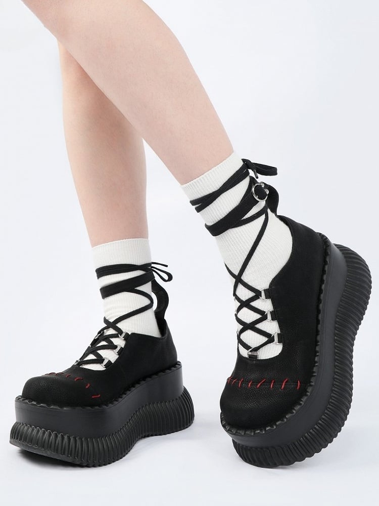 Contrast Closure with Lace-up Stitching - Crisscross Red Janes Black Platform Mary