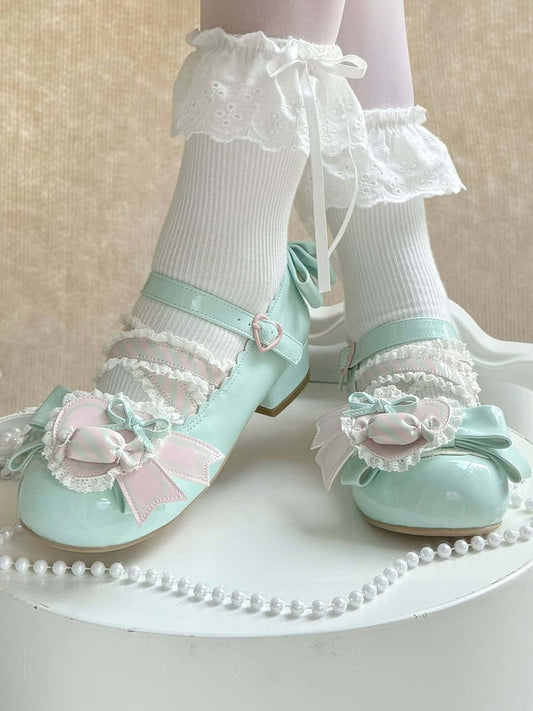 Grünes Leder Candy Clip PU Schuhe Sweet Mint Low-Heel Pink Heart mit