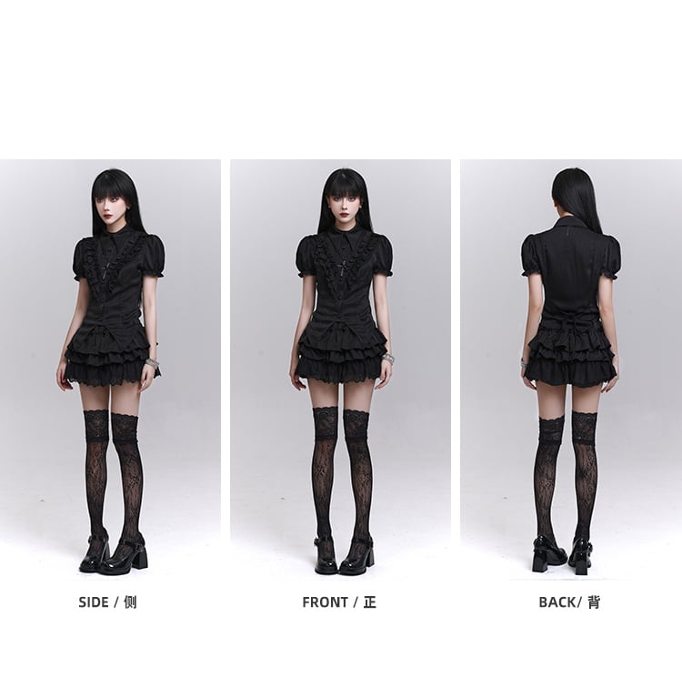 Pointed Flat Collar Curved Hem Gothic Puff Sleeves Blouse Pattern Black Striped