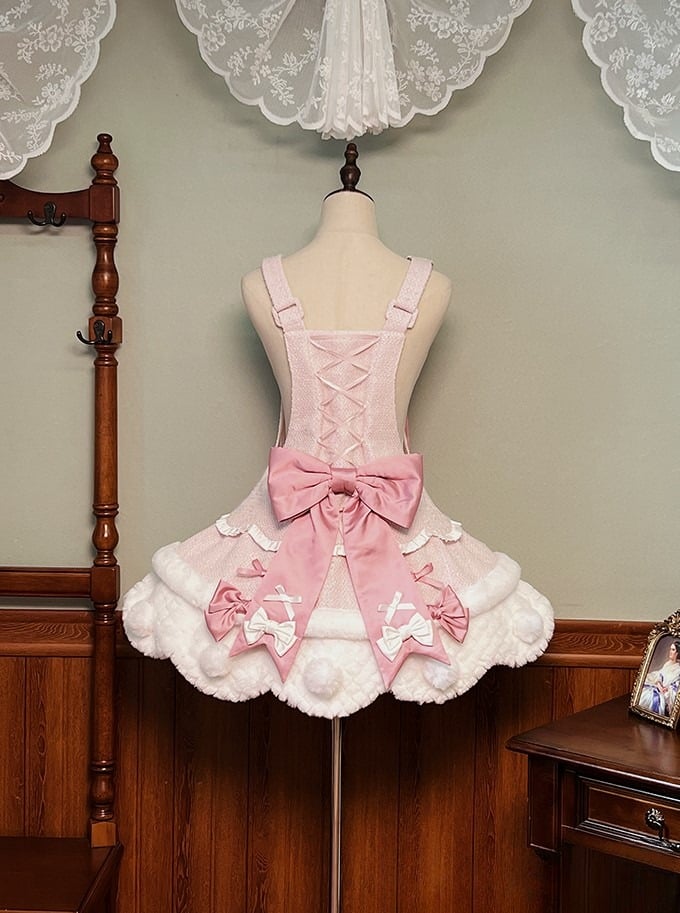 Pom-poms Pink with Lolita Overalls Trim Scalloped Sweet Dress White Bowknots Edge and