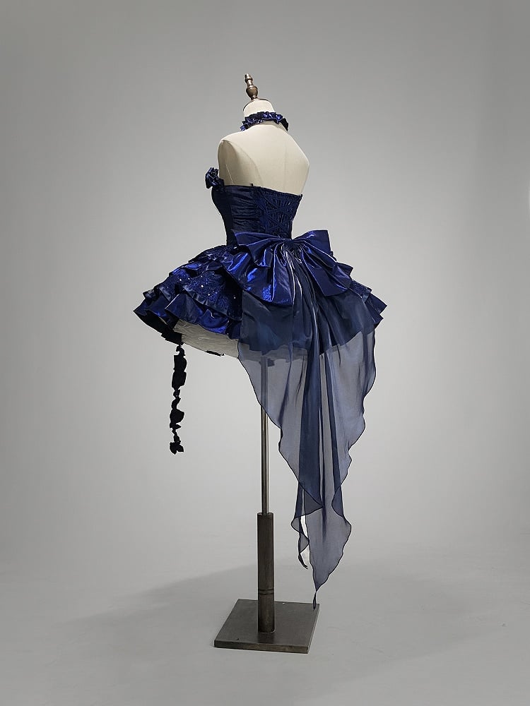 Neckline Roses Blue Klein Sequins Boning Puffy Goth Tiered Dress Lolita