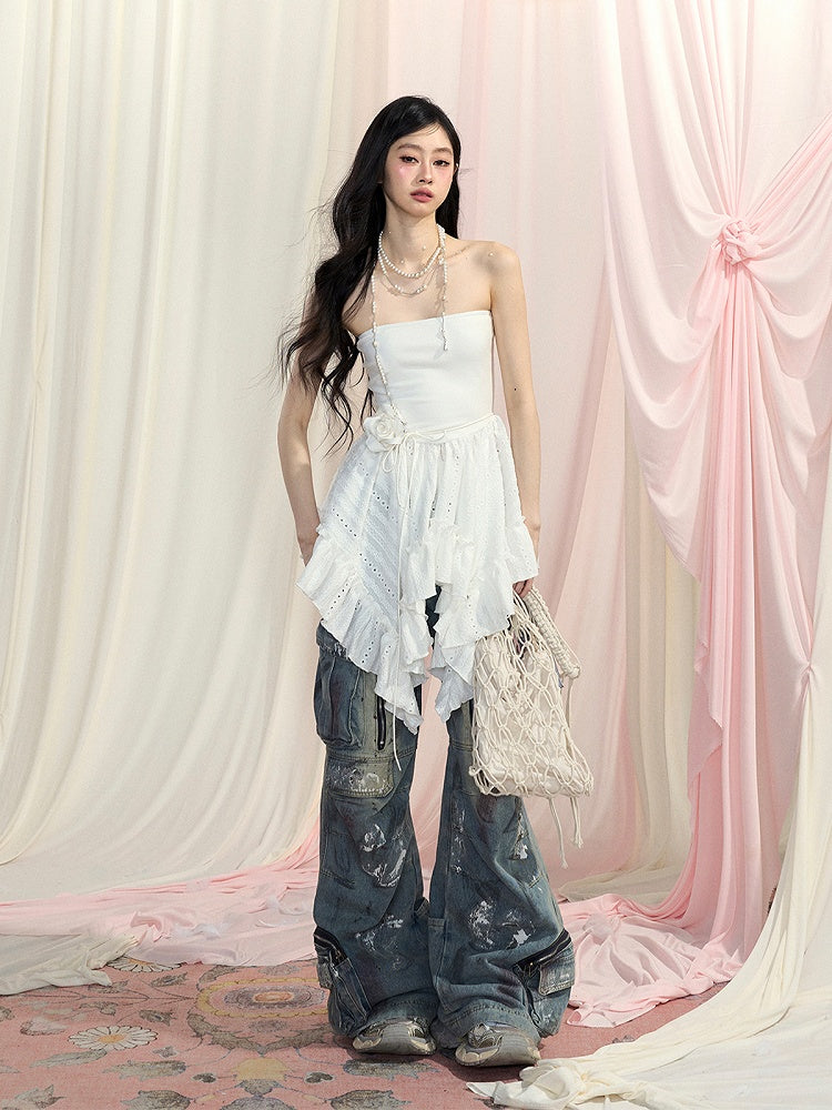 Strapless Top White Handkerchief Hem Glamorous