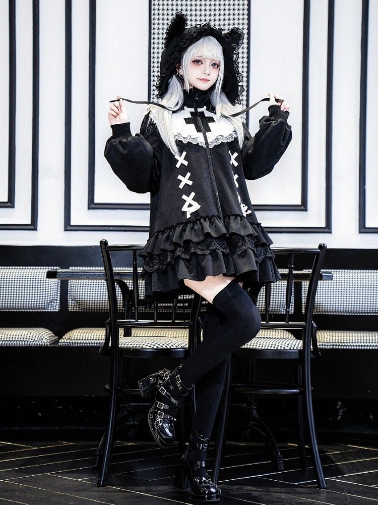 Layered Neck Jirai Cross High Black Jersey Embroidery Hem Kei-inspired Dress Ruffle