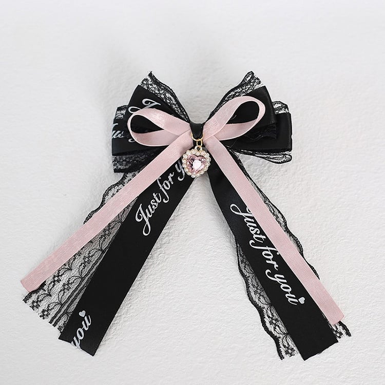 Kei Pink Lace Jirai Haarspange mit Herzanhänger Schwarze Schleife /