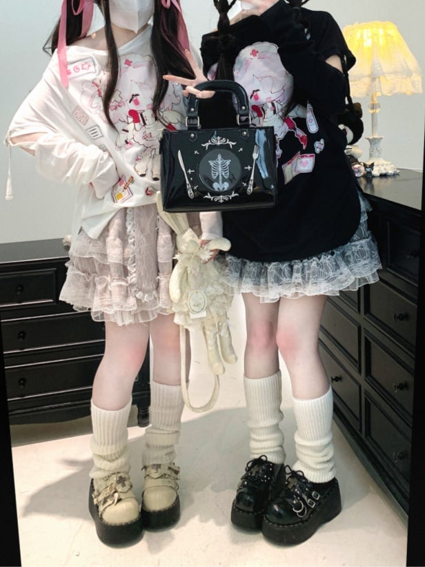 Double-Layered Jirai Kei Lace Black/White/Pink Bunny Ears Design Skirt