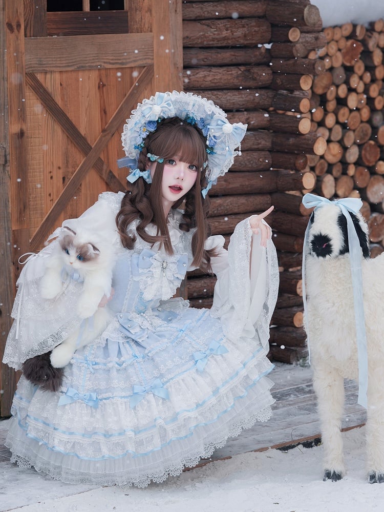 Blauer Hanayome Bowknots Lagenrock Sweet Hime Lolita Pulloverrock-Set