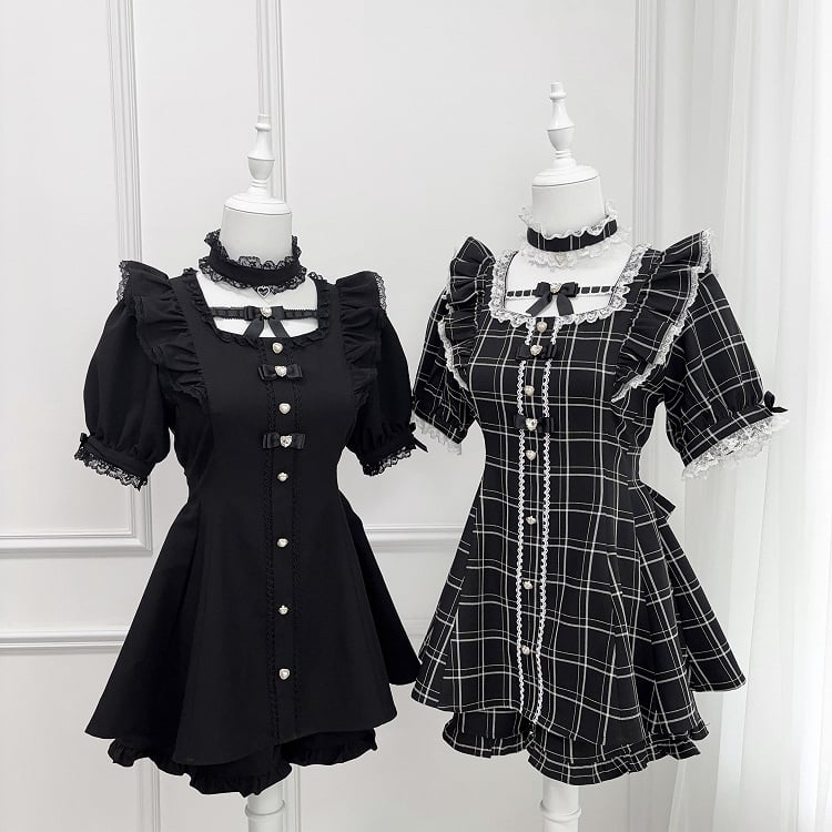 - Flutter Sleeves Self-tie Bow Back Mini Dress + Shorts Black + Set Jirai Kei Choker