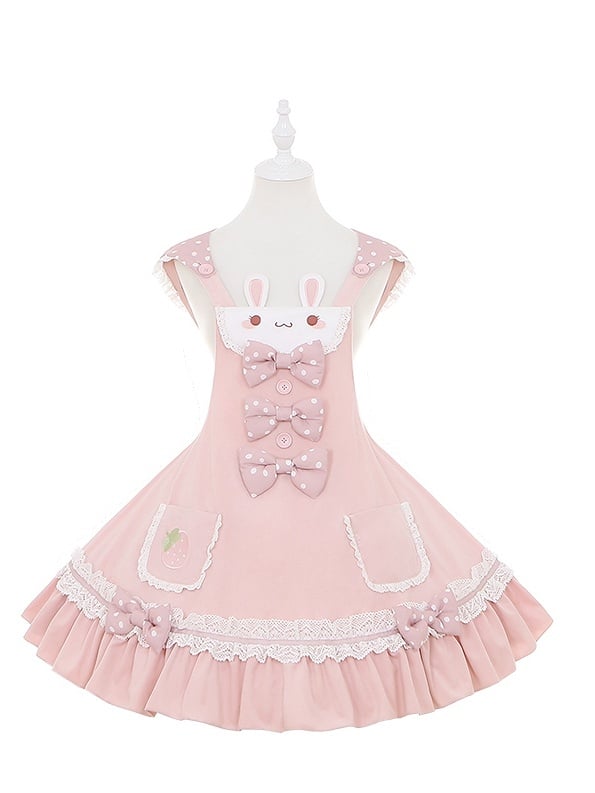 on Polka-dot Bowknot Lolita Jumper Skirt Details Bunny Ears Design Sweet Waist Hood Pink