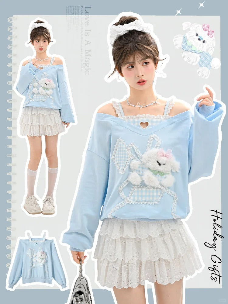 Cutout Shoulder Top Faux Plush Puppy Lace Embellished Blue Plaid Two-pieces