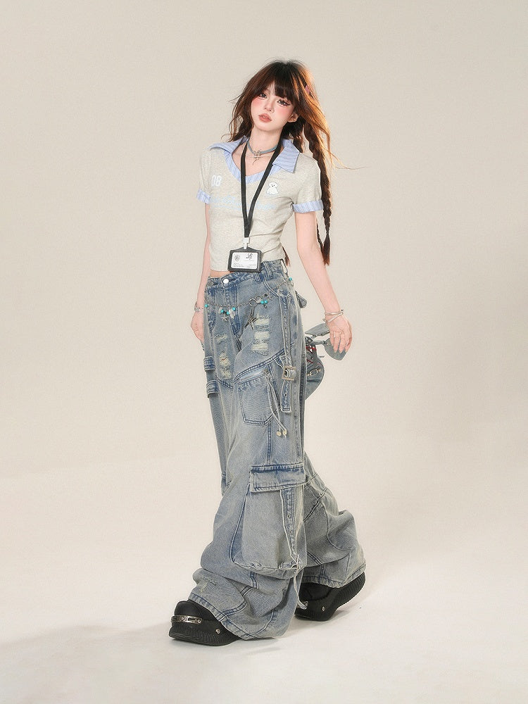 Wide-Leg Jeans Cargo Pockets Blue Distressed Holes Buckle Straps