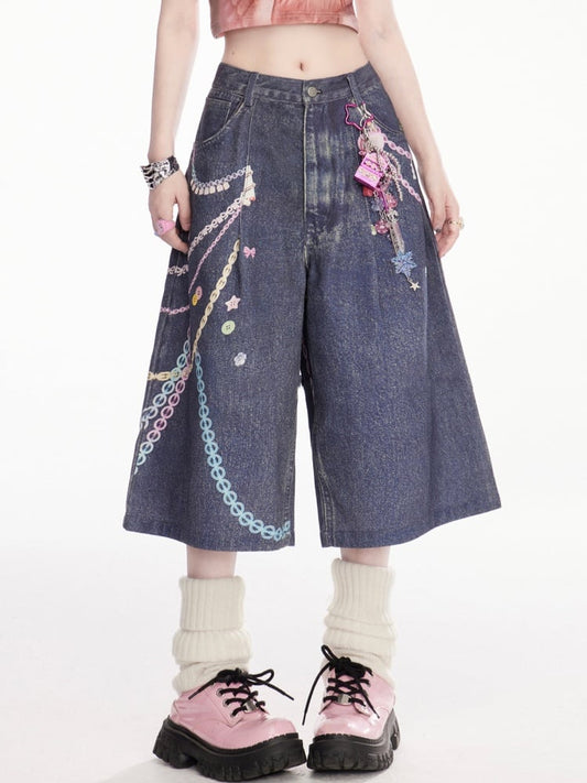 Colorful Chain Print Blue Low Wide-Leg Denim Shorts Rise Vintage