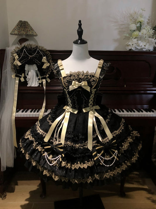 Bead Black Princess Decorated Dress Bows Lolita Tiered Skirt Chain