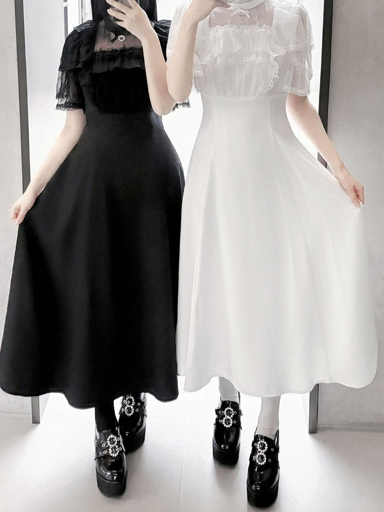 Jirai Kei Black/White Illusion Waist Neckline Ruffled High Lace Dress Trim
