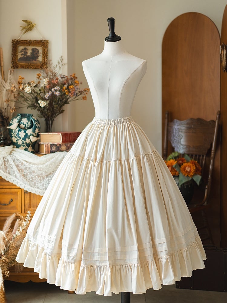 ウエストコットン裾クリーミーホワイトスカートフリルアンダーゴム