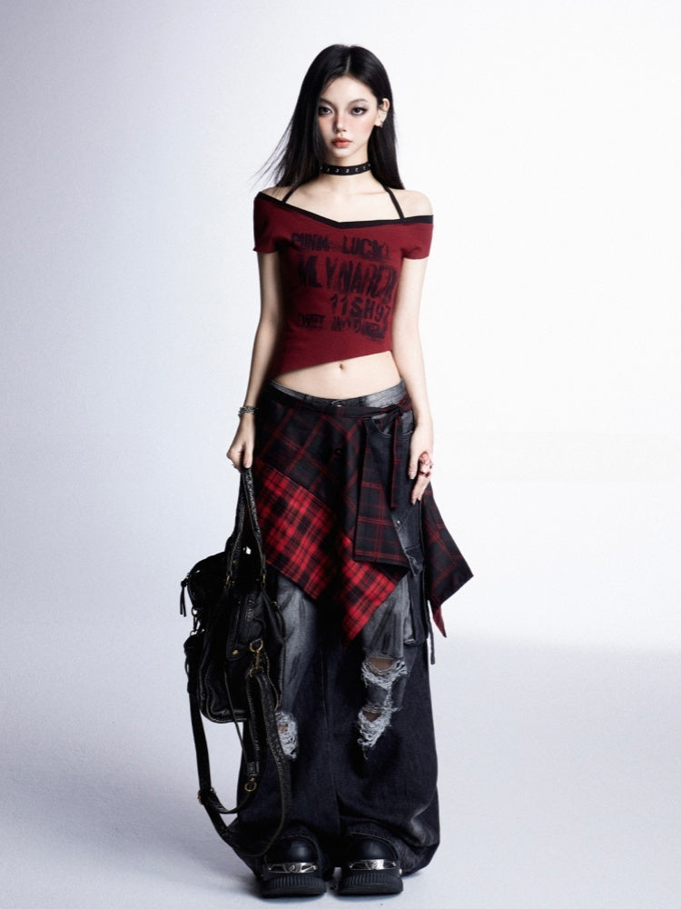 Rock and Hem Red Halter Neck Asymmetrical Neckline Graphic Cropped T-shirt Punk Y2K