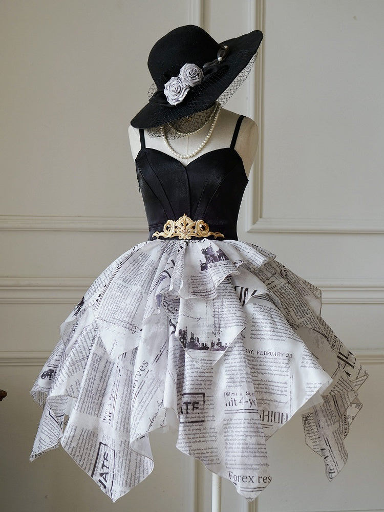 Elegant Skirt Layered Jumper Dress Lolita Print Newspaper Handkerchief