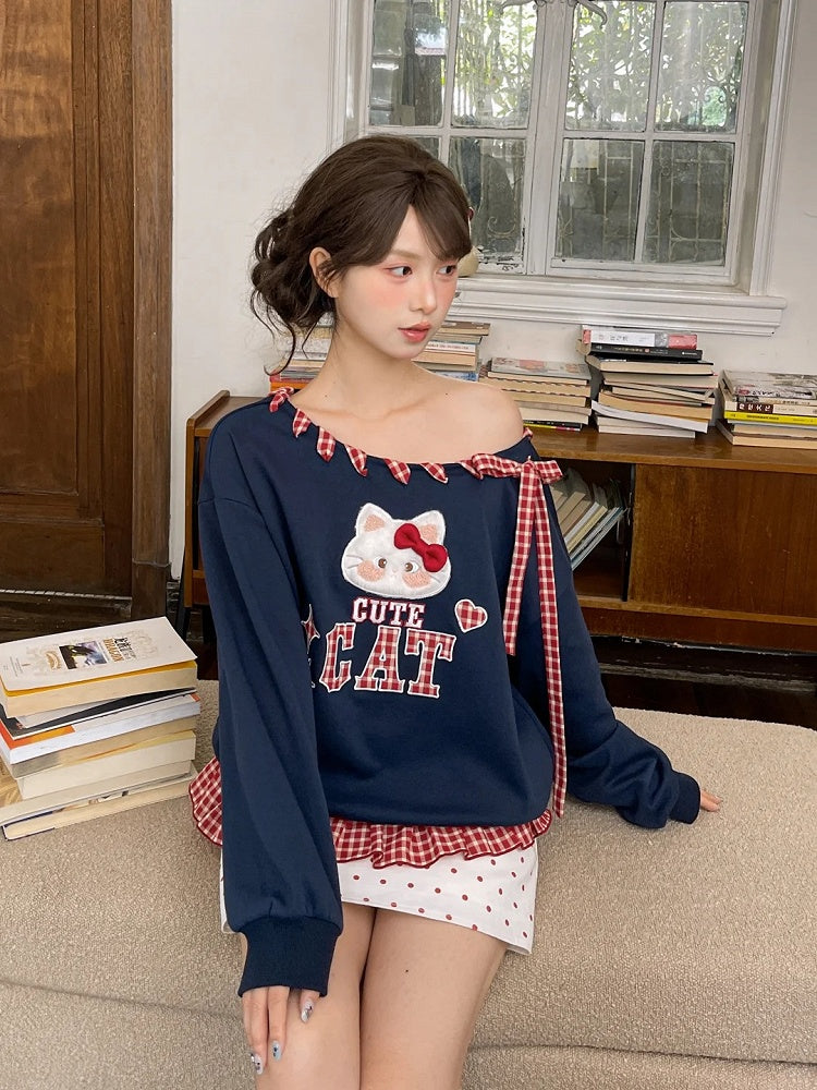 Red Asymmetrical Neckline Kitty Embroidery Applique Navy Plaid Self-tie Sweatshirt Straps at Blue