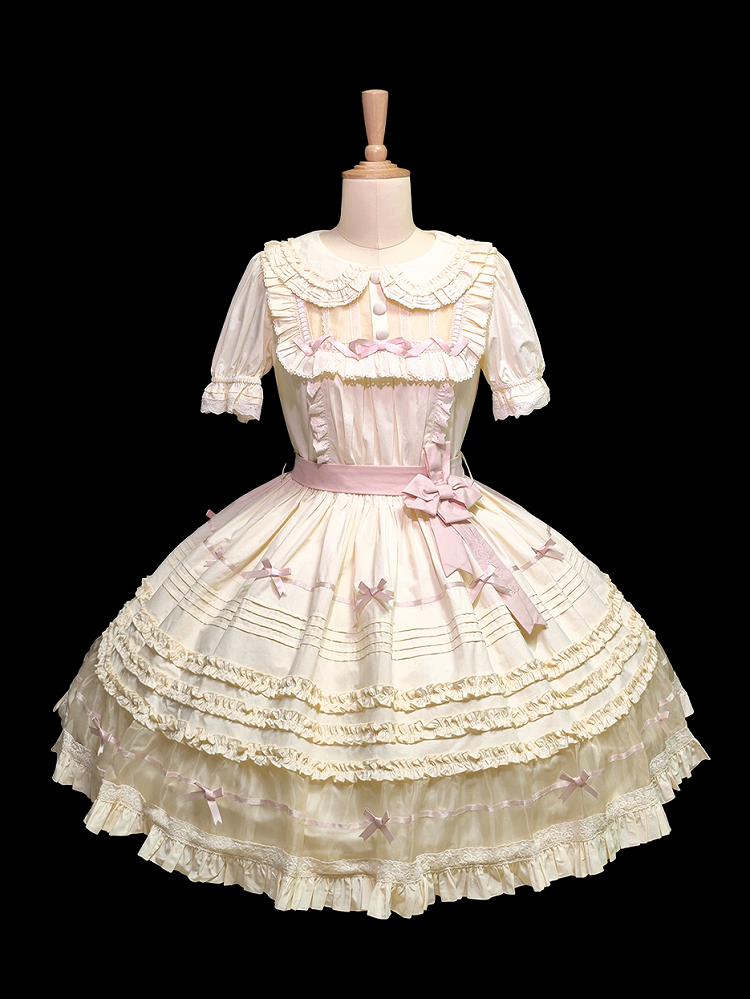 Lolita Pink Beige Peter Dress Cotton Bow and Collar Accents Pan