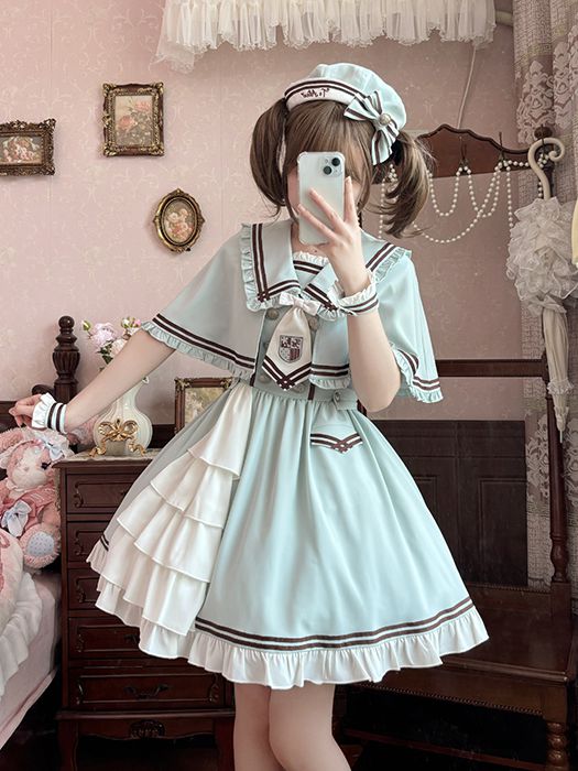 With Hem Cape Sailor Lolita Collar Green Ruffle Dress Light